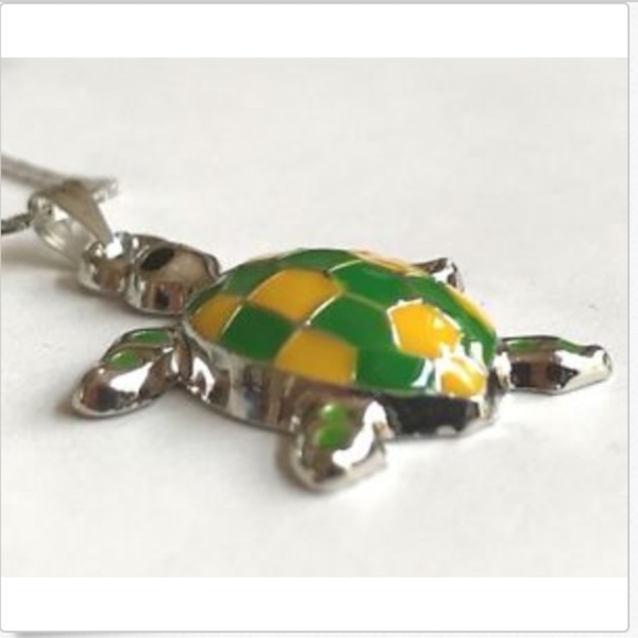 Sea Turtle Necklace Yellow Green Sea Life Island Nautical Silver Plated Pendant - Picture 4 of 8